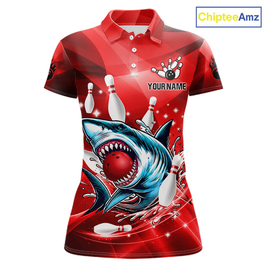 Red Funny Shark Bowling Shirt For Women Custom Bowling Team Jerseys, Personalized Gift For Bowlers TDM7629