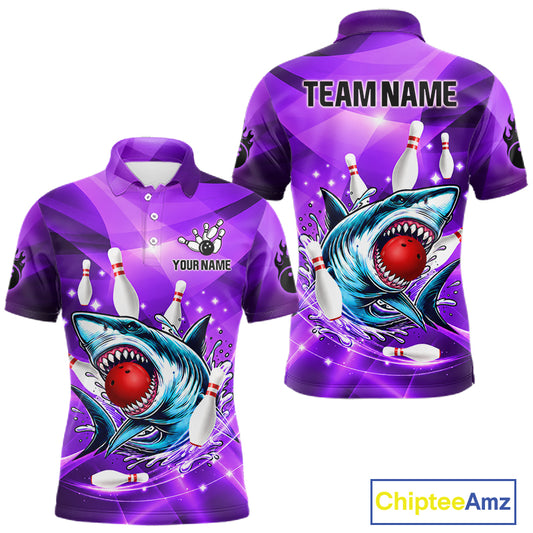 Purple Funny Shark Bowling Shirt For Men Custom Bowling League Team Jersey Polo & Quarter Zip TDM7630
