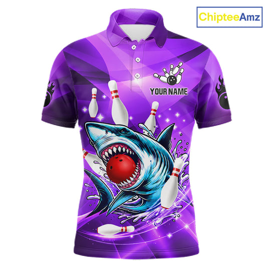 Purple Funny Shark Bowling Shirt For Men Custom Bowling League Team Jersey Polo & Quarter Zip TDM7630