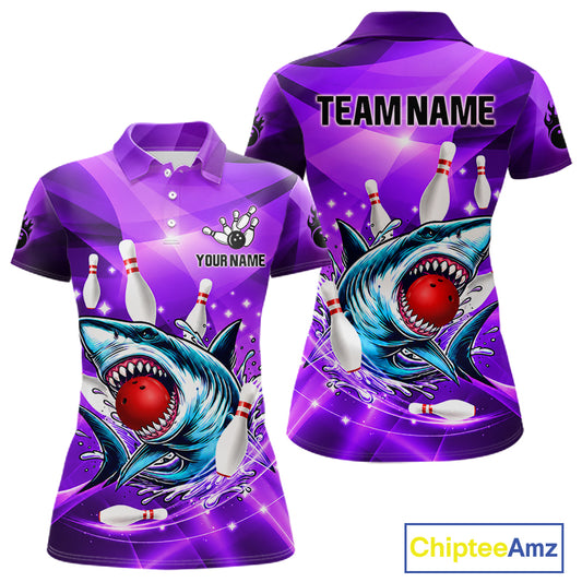 Purple Funny Shark Bowling Shirt For Women Custom Bowling League Team Jersey Polo & Quarter Zip TDM7630