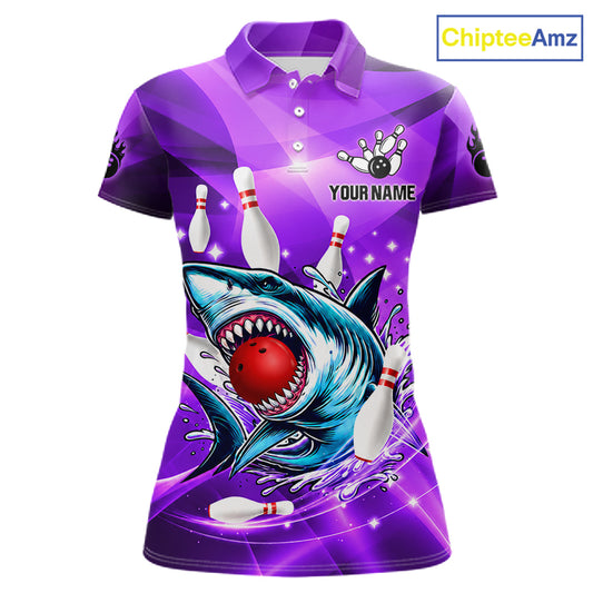 Purple Funny Shark Bowling Shirt For Women Custom Bowling League Team Jersey Polo & Quarter Zip TDM7630