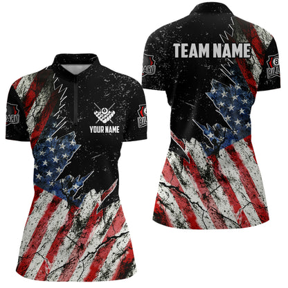 Personalized Grunge Retro American Flag Women Billiard Shirts Custom Patriotic US Billiard Jerseys TDM3291