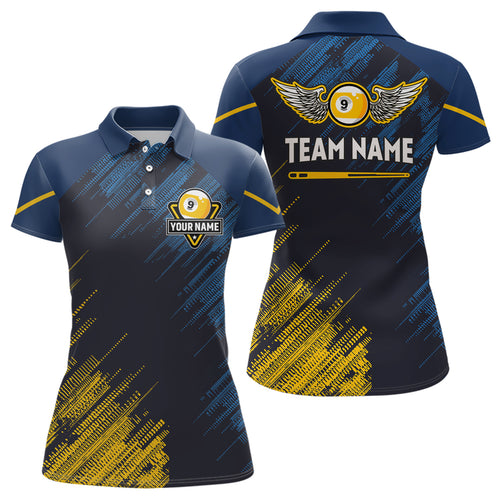 Personalized Blue Yellow 9 Ball Pool Wings Women's Billiard Shirts, 9 Ball Billiard Team Shirt Jersey TDM3776