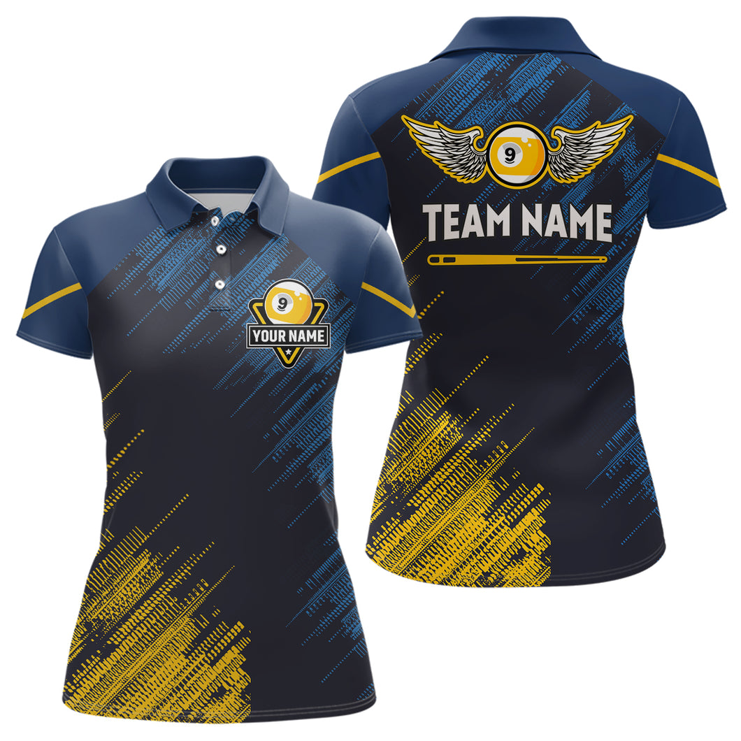 Personalized Blue Yellow 9 Ball Pool Wings Women's Billiard Shirts, 9 Ball Billiard Team Shirt Jersey TDM3776