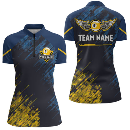 Personalized Blue Yellow 9 Ball Pool Wings Women's Billiard Shirts, 9 Ball Billiard Team Shirt Jersey TDM3776