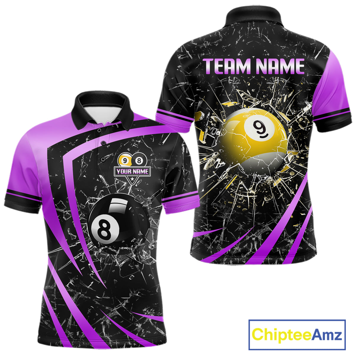 Black And Purple 8 Ball & 9 Ball Glass Break Billiard Shirt For Men Custom Pool Team Jersey Outfit TDM6152