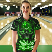 Load image into Gallery viewer, Personalized Lightning Skull Green Bowling Shirt For Women, Bowling Team Jersey Polo &amp; 1/4 Zip TDM6160