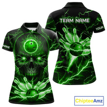 Load image into Gallery viewer, Personalized Lightning Skull Green Bowling Shirt For Women, Bowling Team Jersey Polo &amp; 1/4 Zip TDM6160