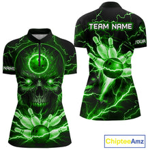 Load image into Gallery viewer, Personalized Lightning Skull Green Bowling Shirt For Women, Bowling Team Jersey Polo &amp; 1/4 Zip TDM6160