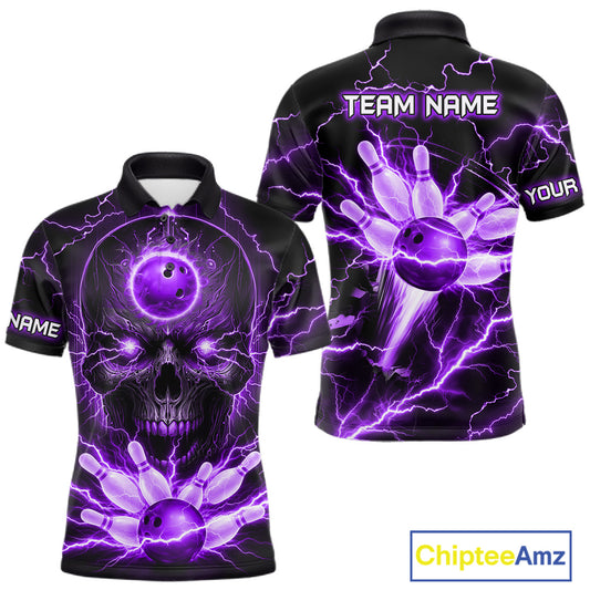 Personalized Lightning Skull Purple Bowling Shirt For Men, Bowling Team Jersey Polo & 1/4 Zip TDM6161