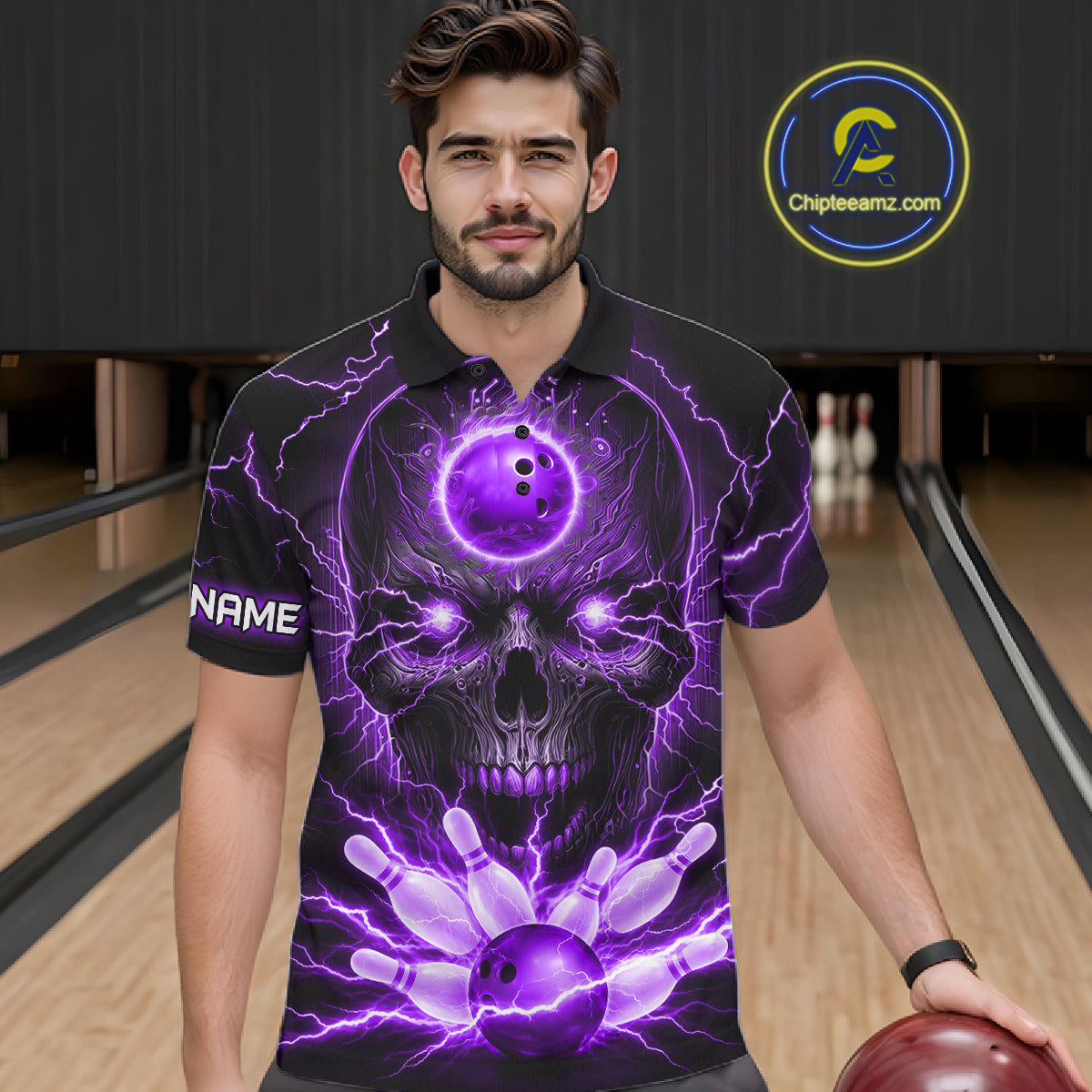 Personalized Lightning Skull Purple Bowling Shirt For Men, Bowling Team Jersey Polo & 1/4 Zip TDM6161