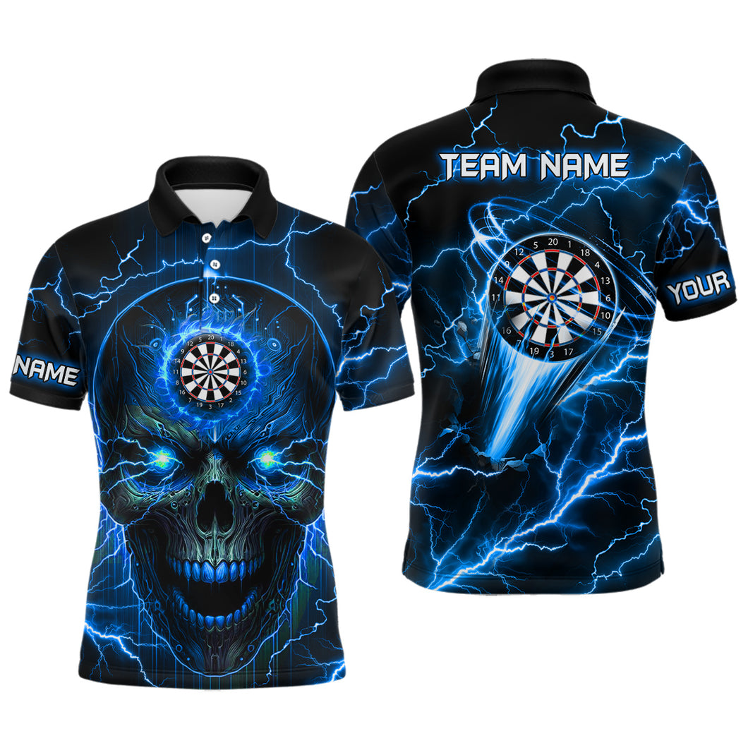 Personalized Blue Darts Skull Men Polo Shirts Custom Lightning Thunder Team League Darts Jersey TDM1511