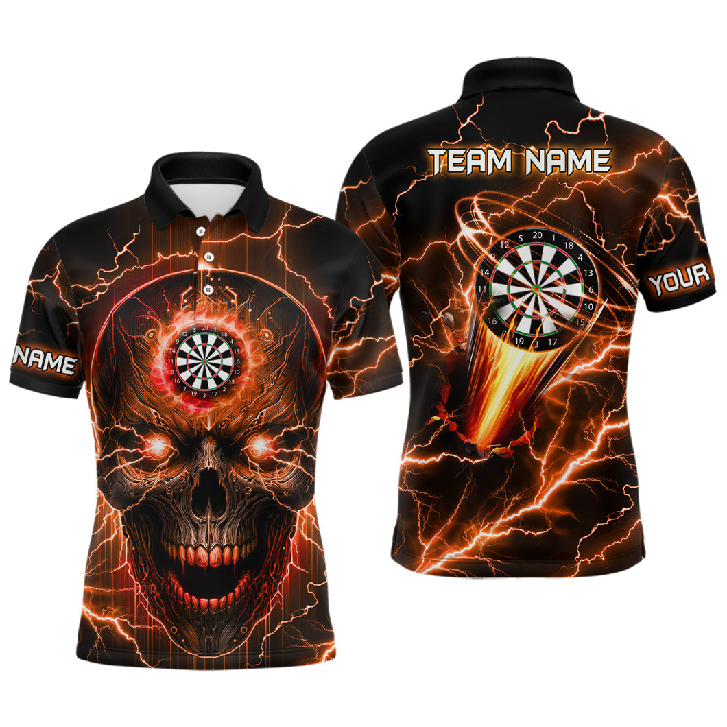 Personalized Orange Darts Skull Men Polo Shirts Custom Lightning Thunder Team League Darts Jersey TDM1512