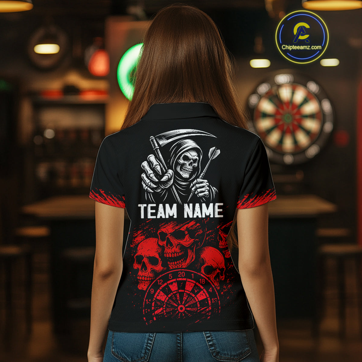 Custom Women's Grim Reaper Dart Shirt – Black Red Grunge Darts Jersey Team Polo & Quarter Zip Styles TDM4067