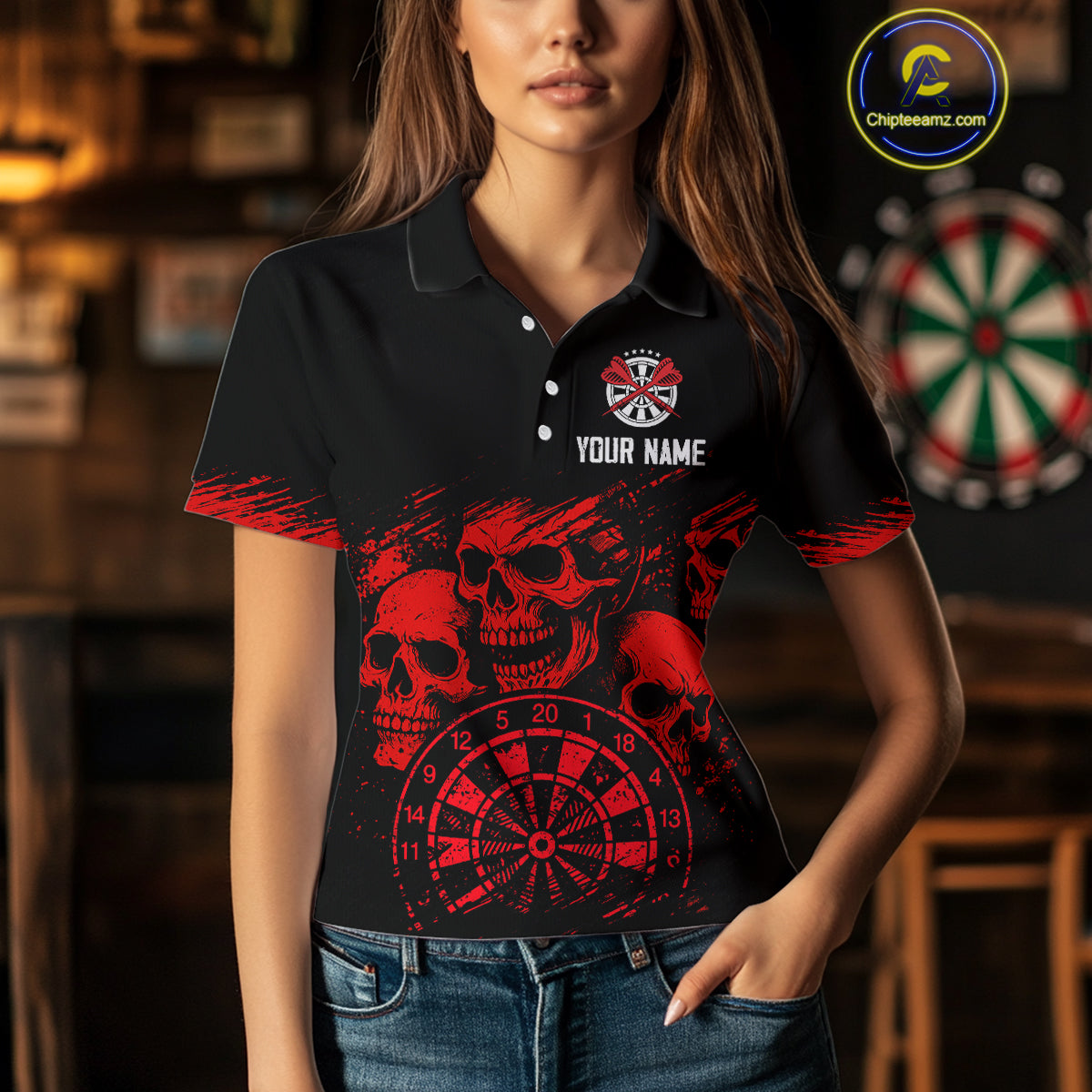 Custom Women's Grim Reaper Dart Shirt – Black Red Grunge Darts Jersey Team Polo & Quarter Zip Styles TDM4067