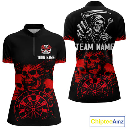 Custom Women's Grim Reaper Dart Shirt – Black Red Grunge Darts Jersey Team Polo & Quarter Zip Styles TDM4067