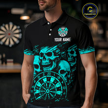 Load image into Gallery viewer, Custom Men&#39;s Grim Reaper Dart Shirt – Black Cyan Grunge Dart Jersey Team Polo &amp; Quarter Zip Style TDM4068