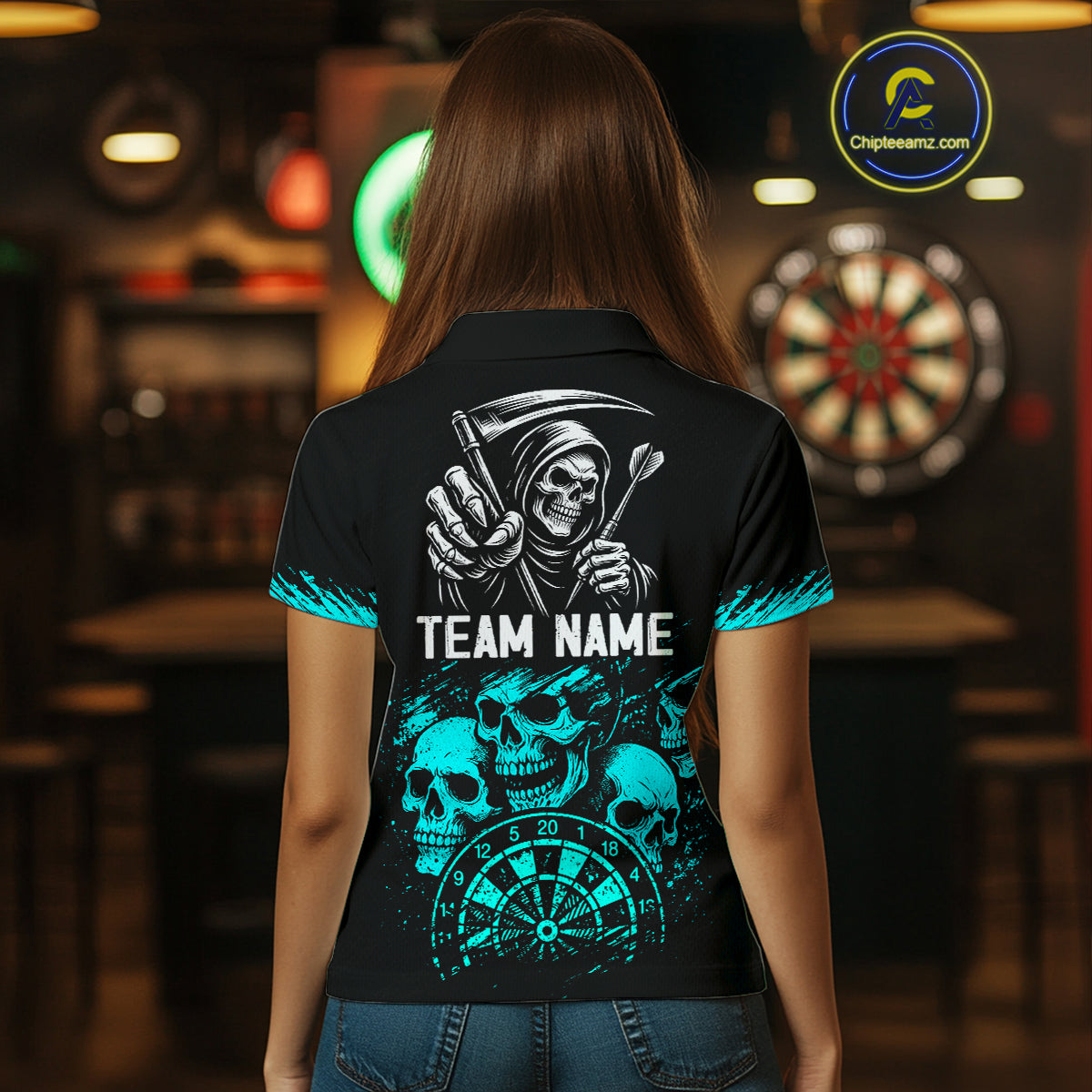 Custom Women's Grim Reaper Dart Shirt – Black Cyan Grunge Dart Jersey Team Polo & Quarter Zip Style TDM4068