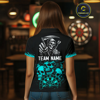 Custom Women's Grim Reaper Dart Shirt – Black Cyan Grunge Dart Jersey Team Polo & Quarter Zip Style TDM4068