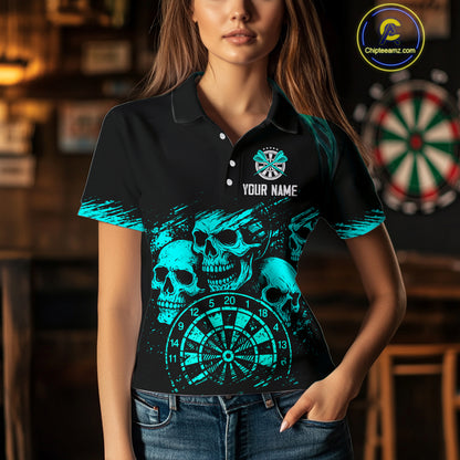Custom Women's Grim Reaper Dart Shirt – Black Cyan Grunge Dart Jersey Team Polo & Quarter Zip Style TDM4068