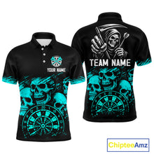 Load image into Gallery viewer, Custom Men&#39;s Grim Reaper Dart Shirt – Black Cyan Grunge Dart Jersey Team Polo &amp; Quarter Zip Style TDM4068