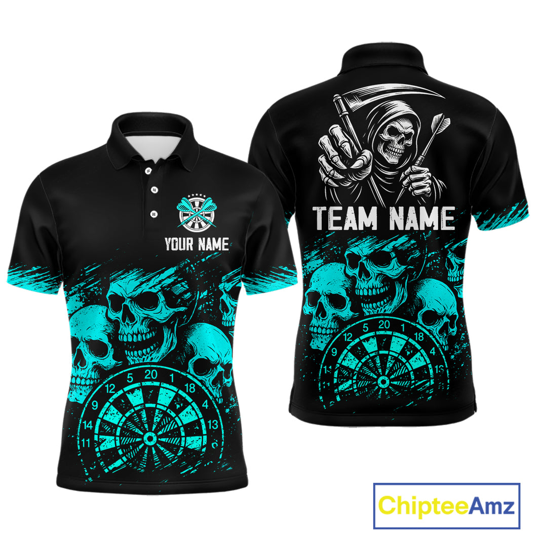 Custom Men's Grim Reaper Dart Shirt – Black Cyan Grunge Dart Jersey Team Polo & Quarter Zip Style TDM4068