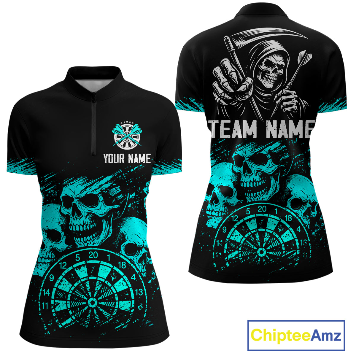 Custom Women's Grim Reaper Dart Shirt – Black Cyan Grunge Dart Jersey Team Polo & Quarter Zip Style TDM4068