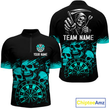 Load image into Gallery viewer, Custom Men&#39;s Grim Reaper Dart Shirt – Black Cyan Grunge Dart Jersey Team Polo &amp; Quarter Zip Style TDM4068