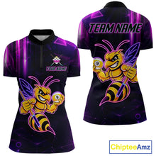 Load image into Gallery viewer, Neon funny bee 9 ball quarter zip billiard shirt for women, custom pool team jersey and tournament apparel.