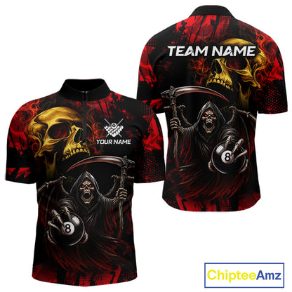 Red Grim Reaper Skull 8 Ball Quarter Zip Billiard Shirt Created for Pool League Teams with Performance Fabric and Custom Tournament Jersey Design
