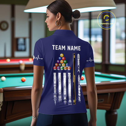 Customized Navy Blue American Flag Billiard Shirt For Women, 8 Ball Pool Team Jersey Polo & 1/4 Zip TDM6586