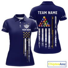 Load image into Gallery viewer, Customized Navy Blue American Flag Billiard Shirt For Women, 8 Ball Pool Team Jersey Polo &amp; 1/4 Zip TDM6586