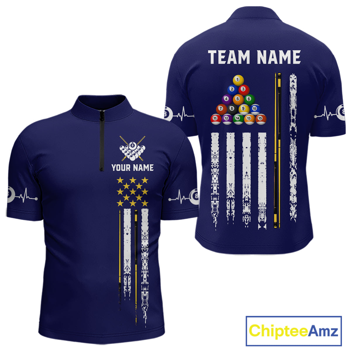 Customized Navy Blue American Flag Billiard Shirt For Men, 8 Ball Pool Team Jersey Polo & 1/4 Zip TDM6586