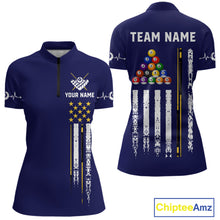 Load image into Gallery viewer, Customized Navy Blue American Flag Billiard Shirt For Women, 8 Ball Pool Team Jersey Polo &amp; 1/4 Zip TDM6586