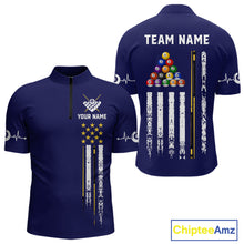 Load image into Gallery viewer, Customized Navy Blue American Flag Billiard Shirt For Men, 8 Ball Pool Team Jersey Polo &amp; 1/4 Zip TDM6586