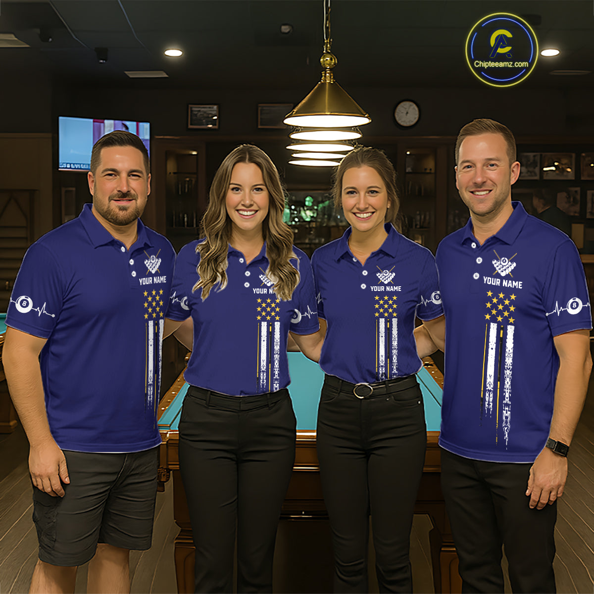 Customized Navy Blue American Flag Billiard Shirt For Women, 8 Ball Pool Team Jersey Polo & 1/4 Zip TDM6586