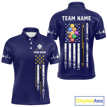 Load image into Gallery viewer, Navy Blue American Flag 9 Ball Billiard Polo Shirt with Customizable Name and Team Name