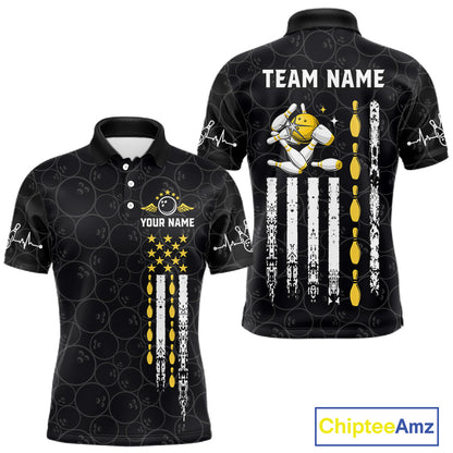 Black polo shirt with customizable text and American graphics.