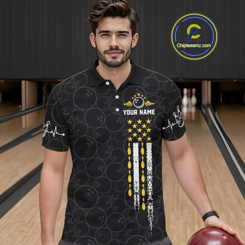 American Flag Black Bowling Shirts For Men Custom Patriotic Bowling Team Jersey Polo & 1/4 Zip TDM6588