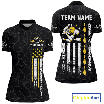 American Flag Black Bowling Shirts For Women Custom Patriotic Bowling Team Jersey Polo & 1/4 Zip TDM6588