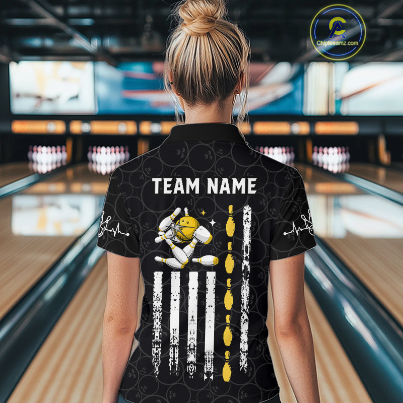American Flag Black Bowling Shirts For Women Custom Patriotic Bowling Team Jersey Polo & 1/4 Zip TDM6588