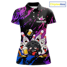 Load image into Gallery viewer, Custom Blue Purple Drunk Bowling Balls And Pins Funny Bowling Shirts For Women, Beer Bowling Jersey TDM6596