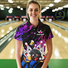 Load image into Gallery viewer, Custom Blue Purple Drunk Bowling Balls And Pins Funny Bowling Shirts For Women, Beer Bowling Jersey TDM6596