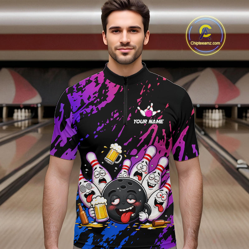 Custom Blue Purple Drunk Bowling Balls And Pins Funny Bowling Shirts For Men, Beer Bowling Jersey TDM6596