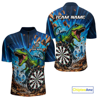 Personalized Dinosaur Funny Quarter Zip Darts Shirt Created for Dart League Teams with Performance Fabric, Custom Team Design, and Tournament Ready Comfort