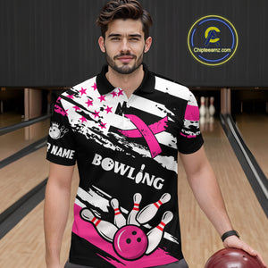 Breast Cancer Awareness American Flag Bowling Shirt For Men Custom Pink Ribbon Bowling Team Jersey TDM4655