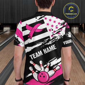 Breast Cancer Awareness American Flag Bowling Shirt For Men Custom Pink Ribbon Bowling Team Jersey TDM4655
