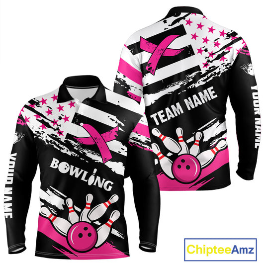 Breast Cancer Awareness American Flag Bowling Shirt For Men Custom Pink Ribbon Bowling Team Jersey TDM4655