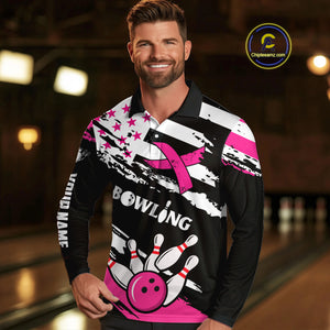 Breast Cancer Awareness American Flag Bowling Shirt For Men Custom Pink Ribbon Bowling Team Jersey TDM4655
