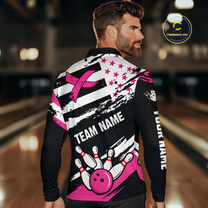Breast Cancer Awareness American Flag Bowling Shirt For Men Custom Pink Ribbon Bowling Team Jersey TDM4655